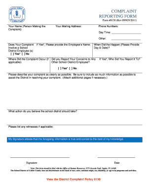 Complaint Reporting Form 9130