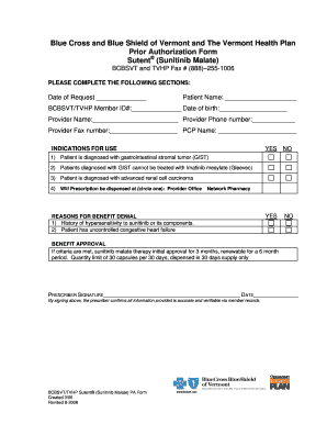 Blue Cross and Blue Shield of Vermont Sutent Prior Authorization Form