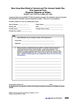 BCBSVT and TVHP Prior Approval Form
