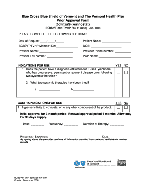 Blue Cross Blue Shield Vermont Zolinza Prior Approval Form