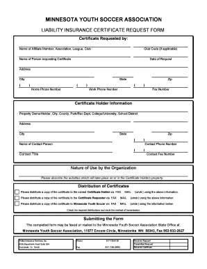 MYSA Insurance Certificate Request Form