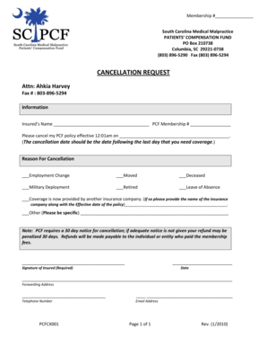 South Carolina Medical Malpractice Cancellation Request