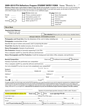 2009–2010 PTA Reflections Program Student Entry Form