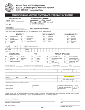 Arizona Watercraft Certificate of Number Application