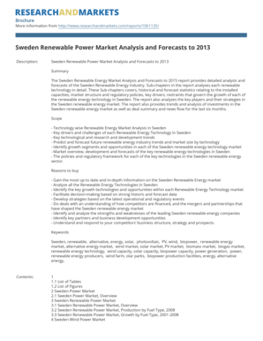 com/reports/1061135/ Sweden Renewable Power Market Analysis and Forecasts to 2013 Description: Sweden Renewable Power Market Analysis and Forecasts to 2013 Summary The Sweden Renewable Energy Market Analysis and Forecasts to 2015 report