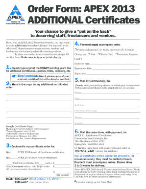Fillable Online Additional Certficate Order Form - Apex Awards Fax ...