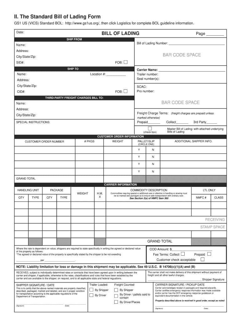 VICS Standard Bill of Lading Form Fill and Sign Printable Template