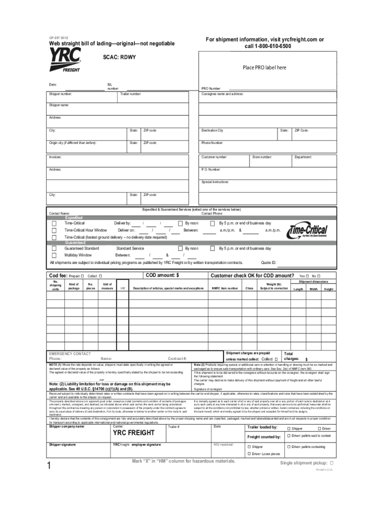 Yrc Bol Pdf Fill Online Printable Fillable Blank PdfFiller