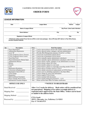 California Youth Soccer Association Order Form