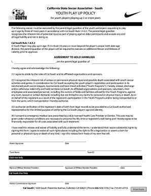 California Youth Soccer Play Up Waiver