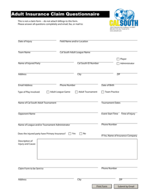 Adult Insurance Claim Questionnaire