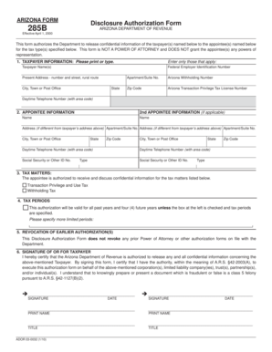 Arizona Form 285B Disclosure Authorization