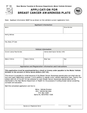 New Mexico Breast Cancer Awareness Plate Application