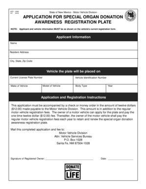 New Mexico Special Organ Donation Awareness Registration Plate Application