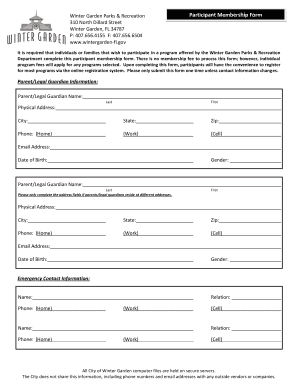 Winter Garden Parks Recreation Participant Membership Form