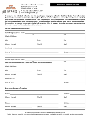Winter Garden Parks & Recreation Participant Membership Form