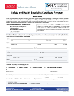 Safety and Health Specialist Certificate Program Application