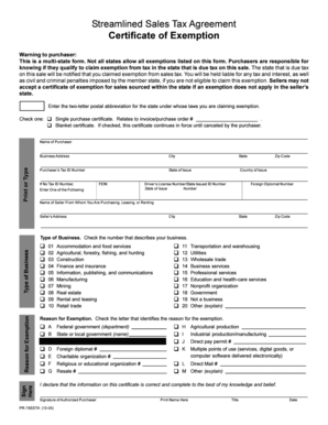 Streamlined Sales Tax Agreement Exemption Certificate