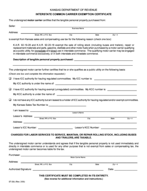 Kansas Interstate Common Carrier Exemption Certificate