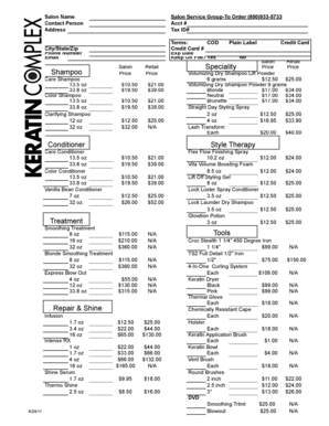 Salon Name Contact Person Address Salon Service Group-To Order (800)933-5733 Acct # Tax ID# City/State/Zip Phone Number Email Terms: COD Credit Card # Exp Date Keep On File