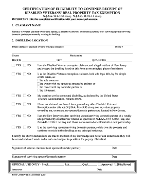 New Jersey Disabled Veterans' Property Tax Exemption Certification