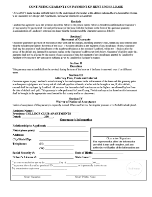 Continuing Guaranty of Payment of Rent Under Lease