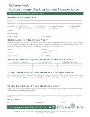 Jefferson Bank Business Internet Banking Agreement Form