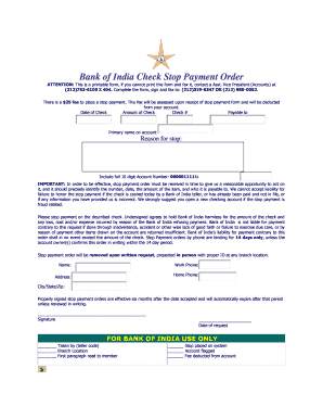 Bank of India Check Stop Payment Order