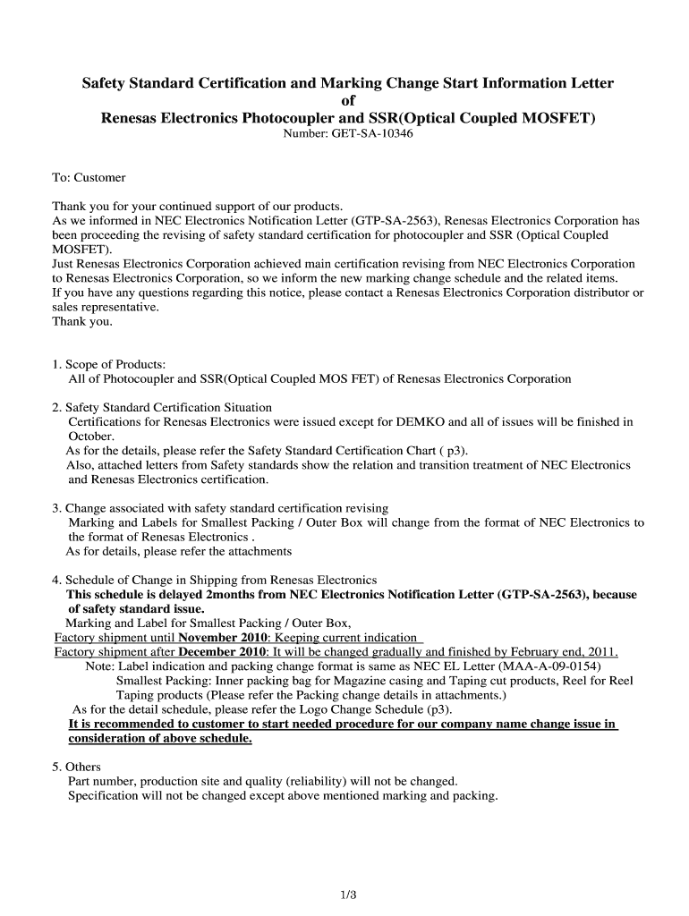 Fillable Online Safety Standard Certification and Marking Change Start