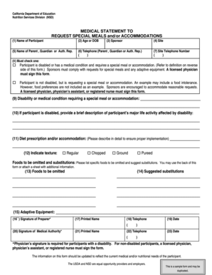 California Special Meals Request Form