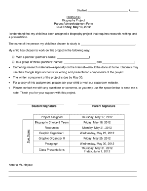 History/SS Biography Project Parent Acknowledgment Form Due ...