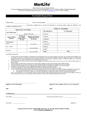 MetLife India Fund Switch Request Form