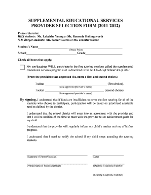Supplemental Educational Services Provider Selection Form