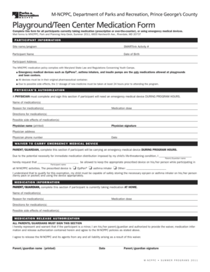 Playground Teen Center Medication Form