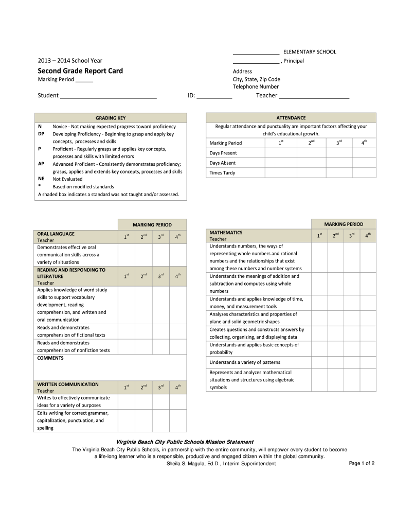 Fillable Online Second Grade Report Card - Virginia Beach City In Homeschool Report Card Template Middle School