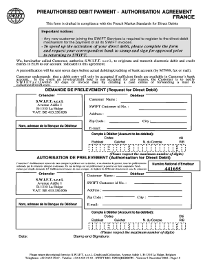 France Preauthorised Debit Payment Authorisation Agreement