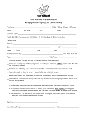 Alabama Spay/Neuter Surgery Certificate