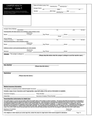 Camper Health History Form