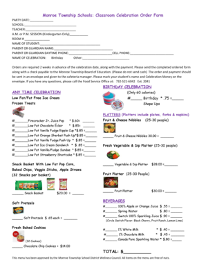 Monroe Township Schools Classroom Celebration Order Form