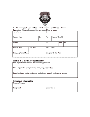 UNM Volleyball Camp Medical Information and Release Form