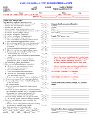 Carolina Baseball Camp Medical Form