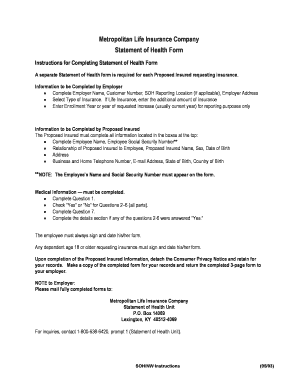 Metropolitan Life Insurance Statement of Health Form