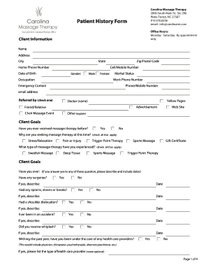 Carolina Massage Therapy Patient History Form