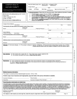 Camper Health History Form