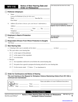 WV-116 Notice of New Hearing Date and Order on Reissuance