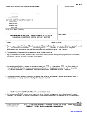 California Military Financial Obligation Relief Petition