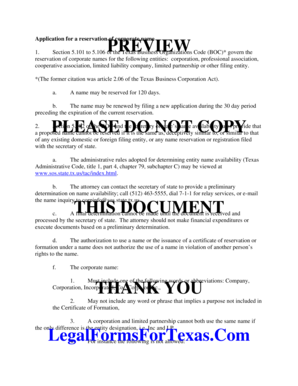 Texas Corporate Name Reservation Application