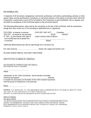 Stock Certificate Assignment Form