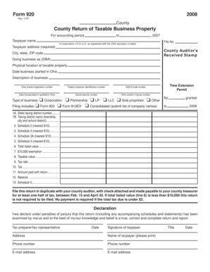 Ohio County Return of Taxable Business Property Form 920