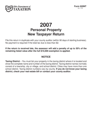 Ohio Form 920NT Personal Property New Taxpayer Return